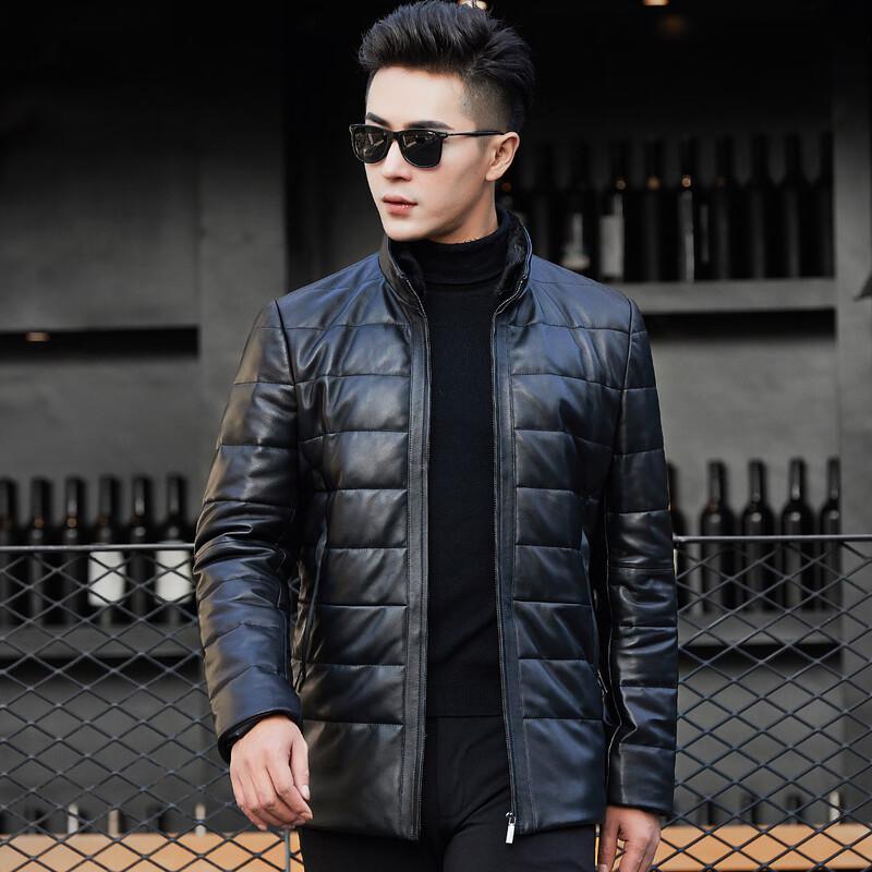 Men's Genuine Sheepskin Down Leather Jacket with Stand Collar