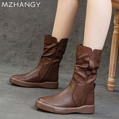 Кожаные женские зимние сапоги до середины голени на плоской подошве со складками зимняя обувь для женщин 2024 года модные мотоциклетные сапоги новые готические удобные женские ботинки