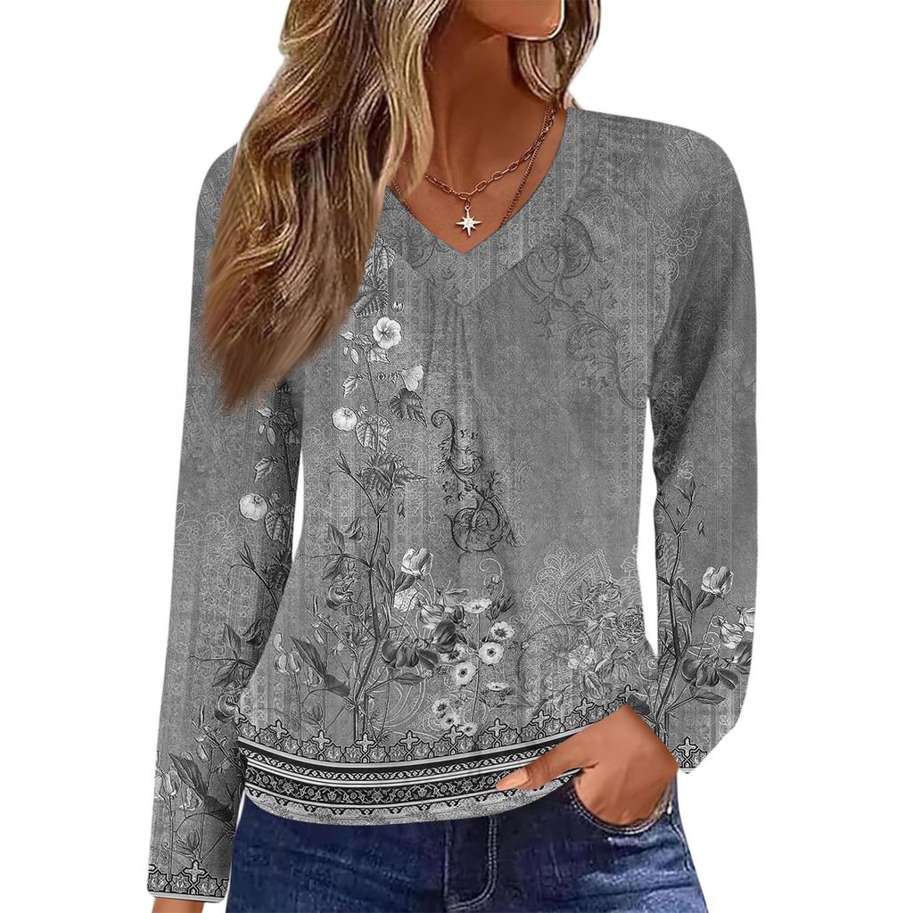 Женский повседневный модный топ с V-образным вырезом, регланом, плиссировкой, ретро-принтом и длинным рукавом