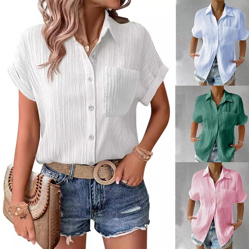 Summer Women's Casual Shirt Solid Color Lapel Button Short Sleeve Tunic Shirt Business Casual Work Shirt Office Femininity Top