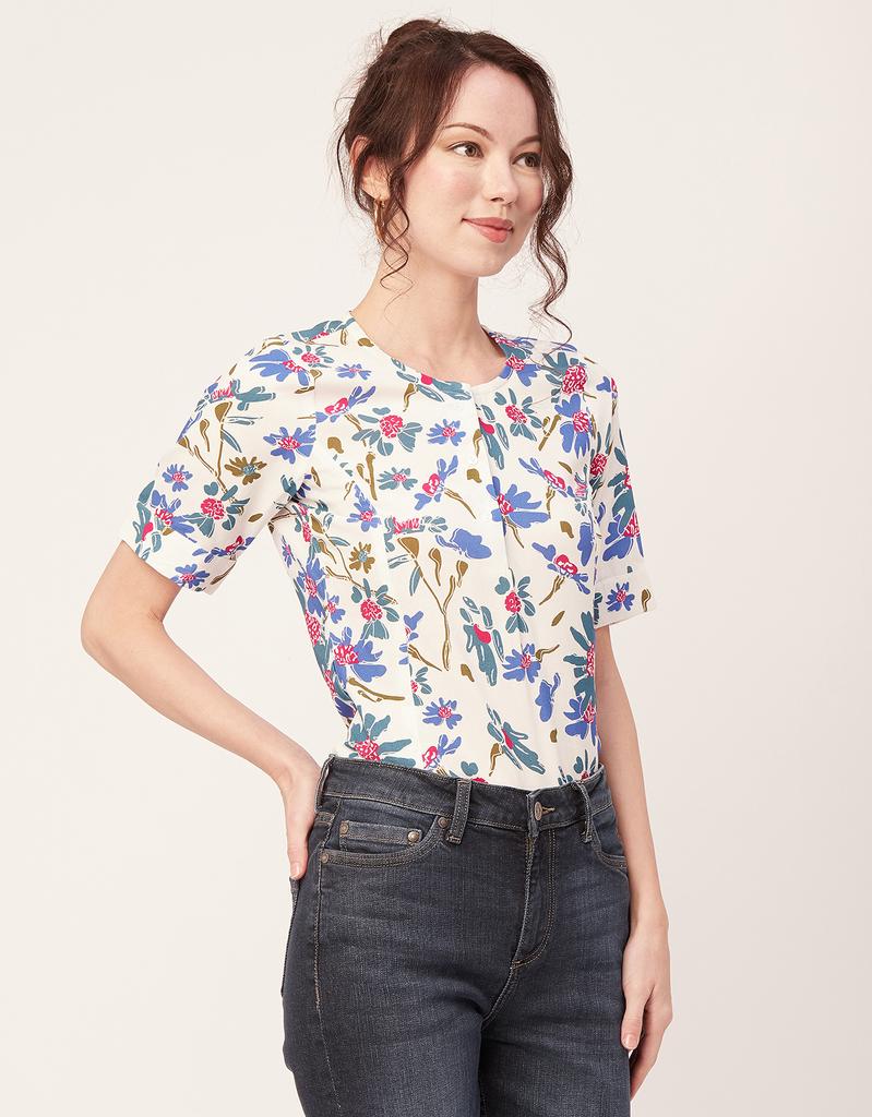Moomaya Printed Viscose Summer Top For Women, Round Neck Short Sleeves Casual Top