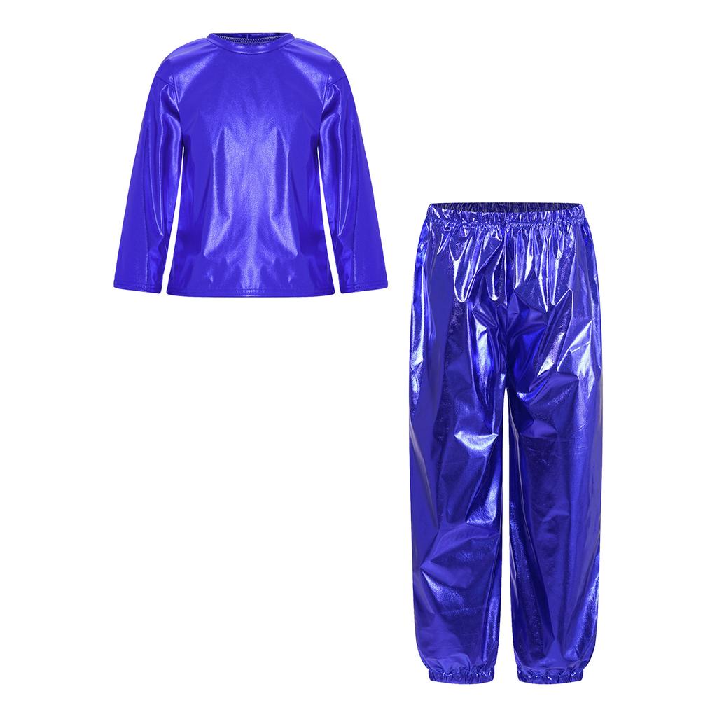 Girls Dance Party Outfit Metallic Shiny Long Sleeve Round Neck T Shirt with Performance Pants Set