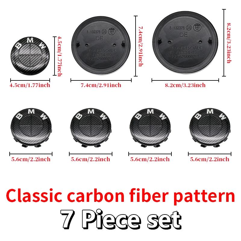7Pcs Fiber All Black Car Wheel Center Caps Hub Cover Badge Auto Hood Front Rear Trunk Emblem For BMW  E85 E86 E89 G29 F87 G87