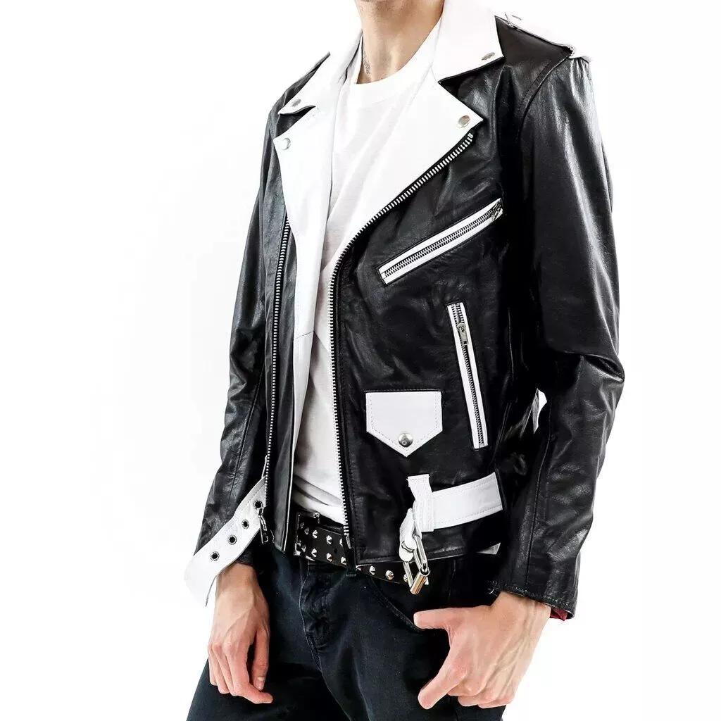 Новая белая и черная мужская куртка стильная из натуральной овчины ручной работы для байкера и мотоцикла