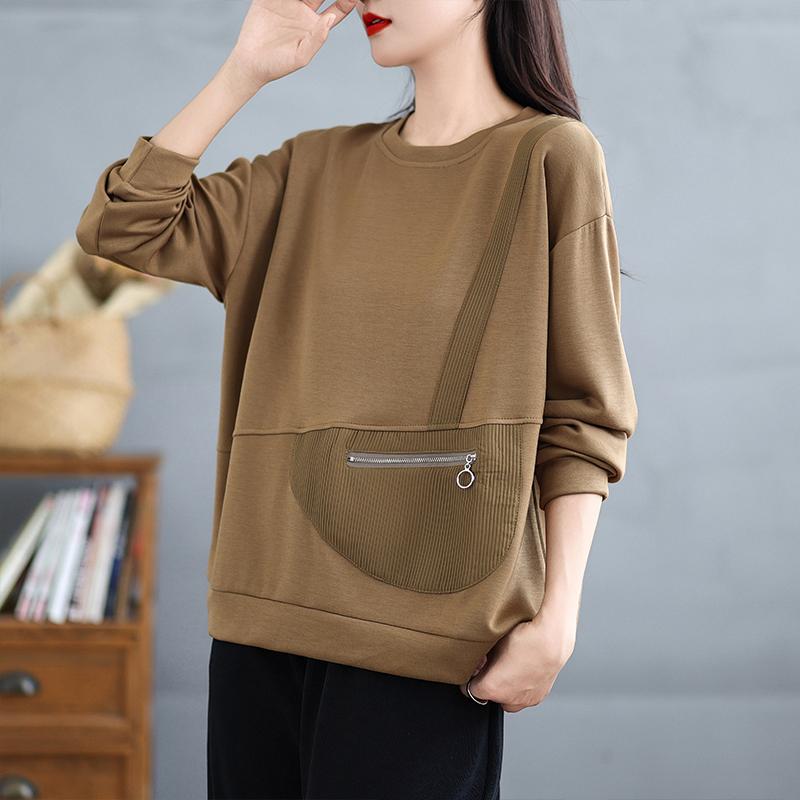 DIMANAF 2025 Новинка Плюс Размер Осень Женские Однотонные Длинные Рукава Свободные Повседневные Топы О-Образный Вырез Базовая Футболка Оверсайз Новый Пуловер