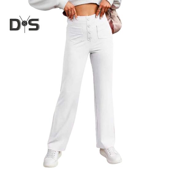 Women Pants Solid Color Elastic Waist Straight Leg Casual Trousers with Multi-Pocket Design Leisure Long Pants
