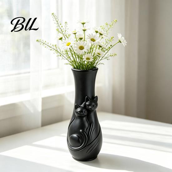 Cute Animal Relief Art Couple Cats Vase, Plastic Snuggling Cat Flower Vase for Home, Durable ABS Desk, Shelf Decor, Tabletop Floral Arrangement, Gift