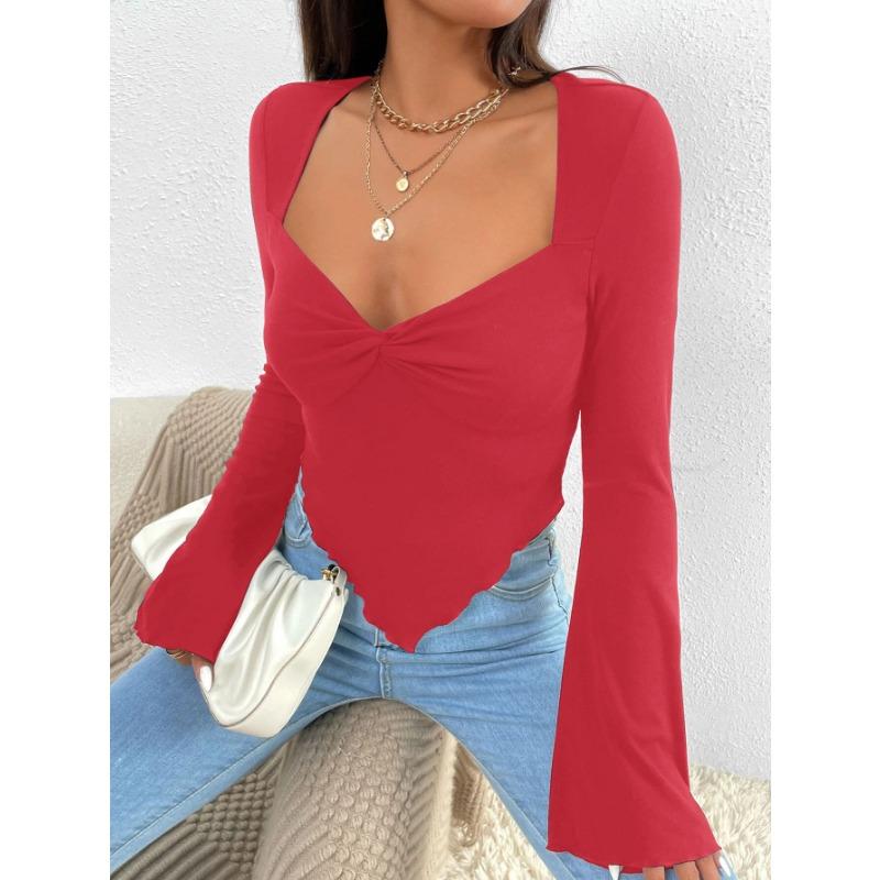 Women's T-shirt Vacation V-neck Trumpet Sleeve Waist Irregular Knitted Long-sleeved T-shirt Top