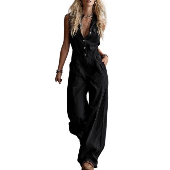 Summer Women Jumpsuit V Neck Sleeveless Front Button Casual Loose Wide Leg Pants Ladies Long Romper Overall with Dual