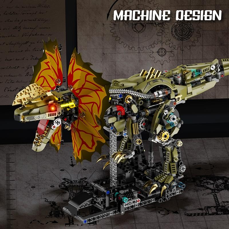 1277Pcs Mechanical Dinosaur Blocks Dual Crested Dilophosaurus Light Up Moving Model Jurassic Decor Creative Gift Set