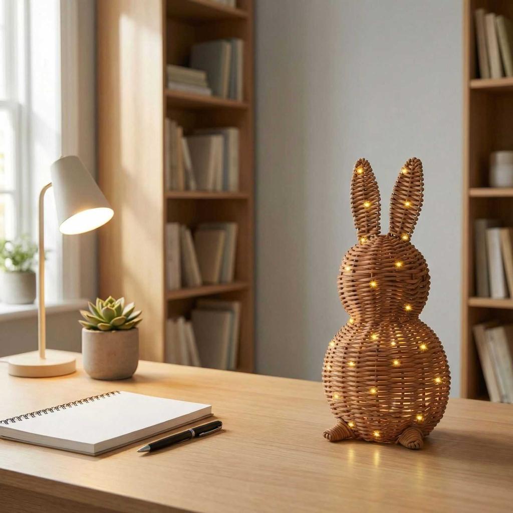 Modern Easter Wicker Bunny Ornament, 13.8-inch Woven Bunny Desktop Figurine With String Lights