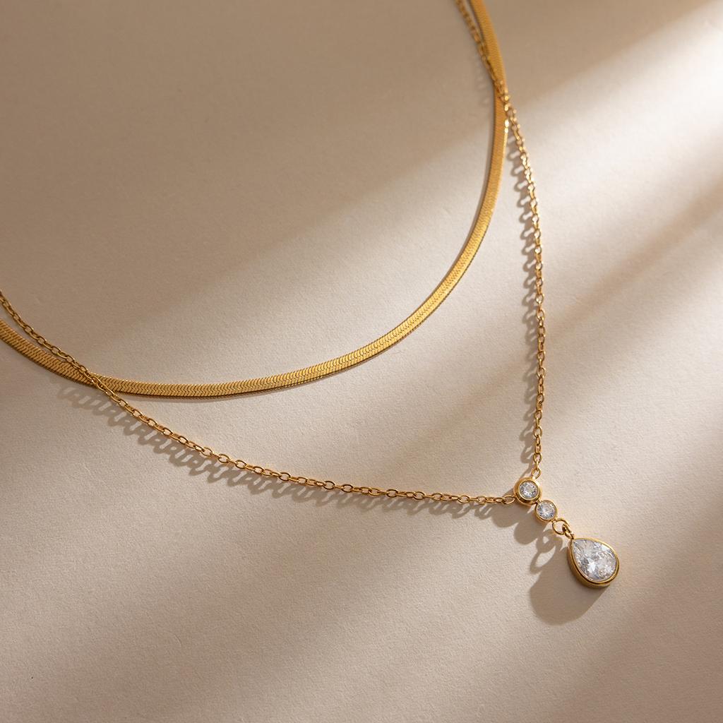 Wanxing European American Electroplated Stainless Steel 18K Water Drop Zircon Pendant O-chain Double-layer Necklace Fashion
