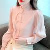 New 2024 Fashion Autumn Long Sleeve Stand Collar Casual Pink Chiffon Blouse Shirt Women Tops Blouses Shirts J440