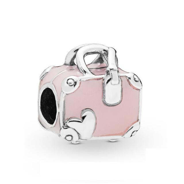 Trendy 925 Sterling Silver Pink Enamel Travel Bag Shopping Bag Beaded Charm Fits Fashion Snake Bracelet Jewelry Making Beads