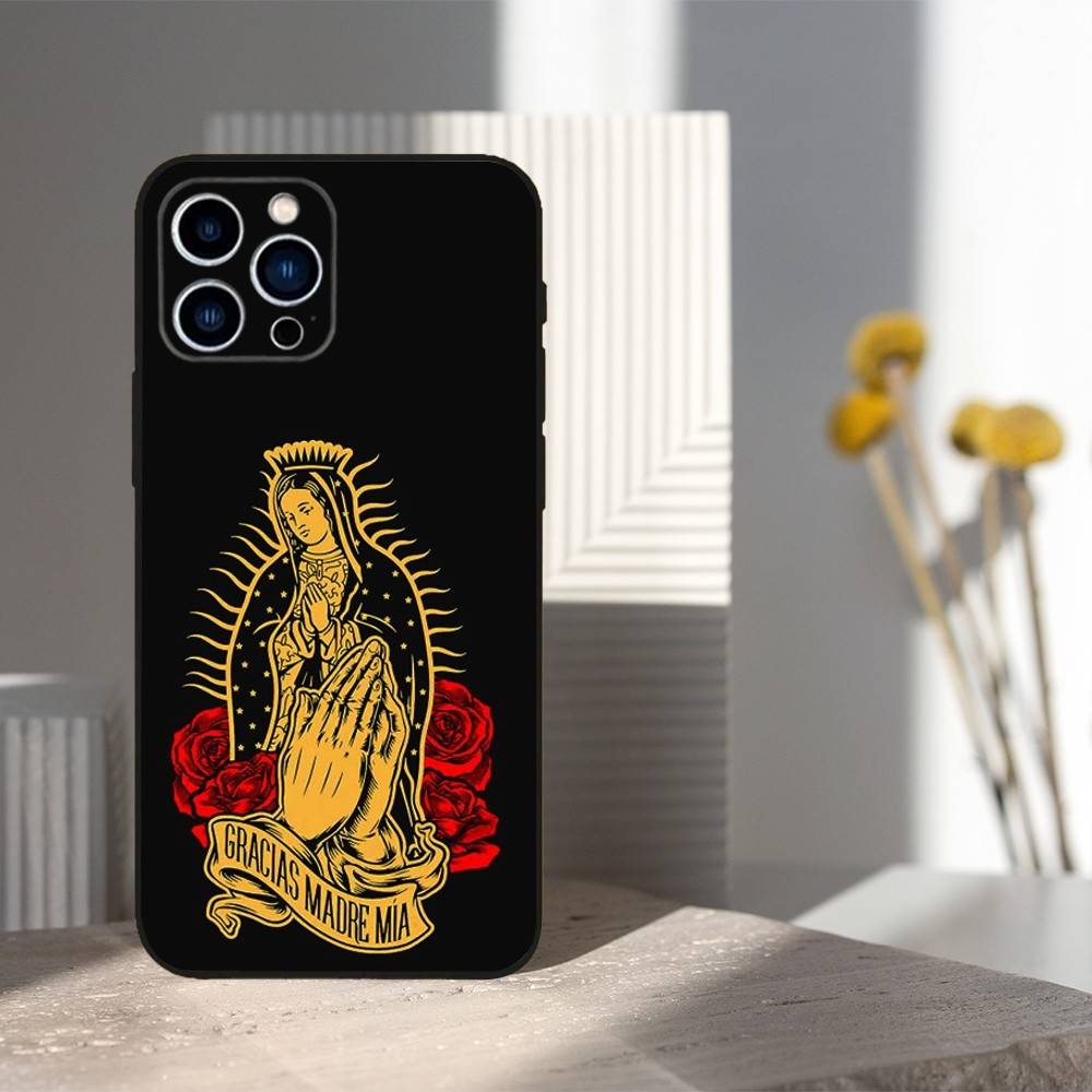 Дева Гваделупская Для iPhone 13,17,11,12,16,14,15,Plus,Pro Max,XS,X,XR,SE,Mini,8,7,Мягкий Силиконовый Черный Чехол для Телефона