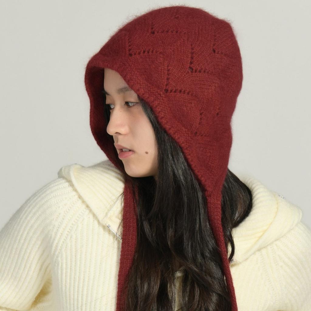 Solid color lace-up knitted hat, photo artifact rabbit down rabbit fur, windproof soft waxy bag head in autumn and winter, showing face and small ear
