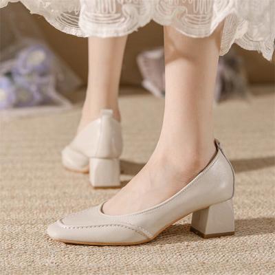 Женские туфли-лодочки на высоком каблуке, элегантные туфли с квадратным носком, туфли из натуральной кожи на среднем каблуке, туфли-лодочки с квадратным каблуком, базовые туфли-лодочки