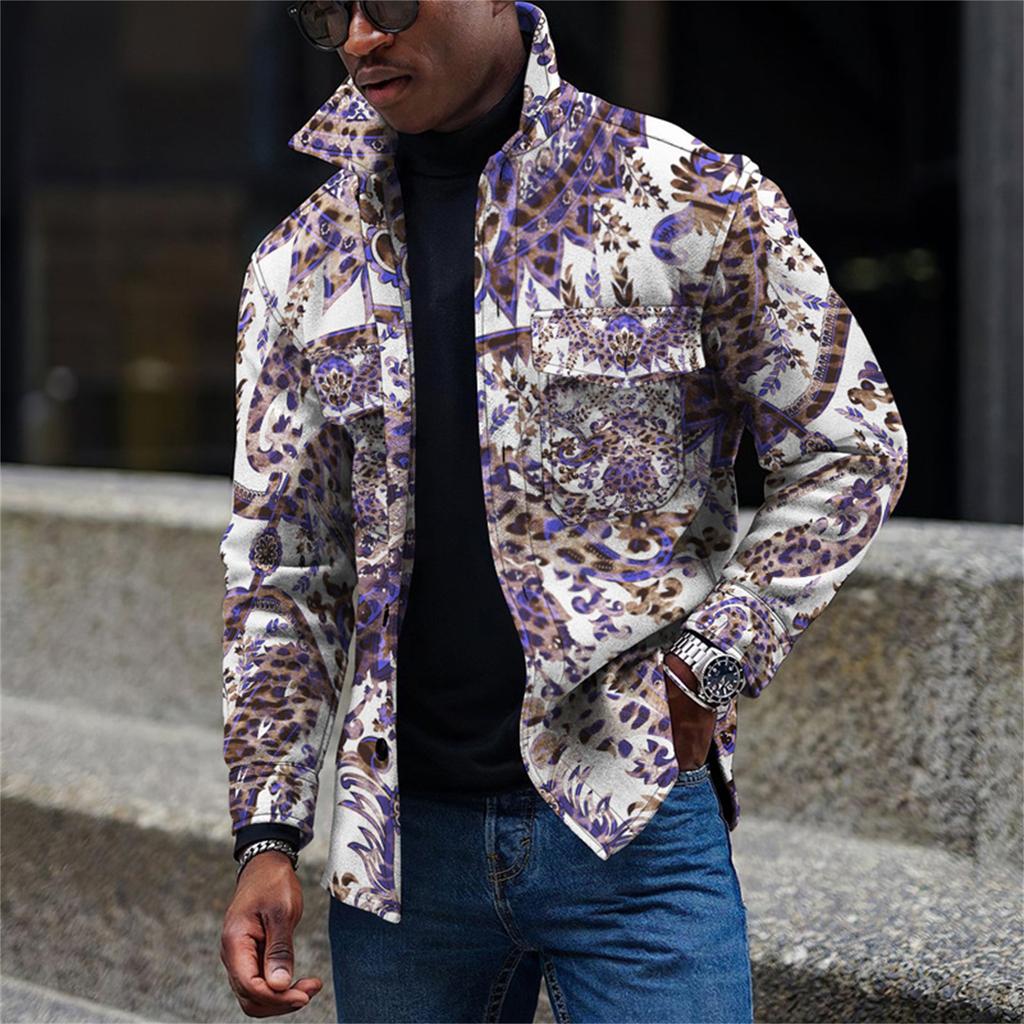 Мужская модная тенденция, повседневная повседневная куртка на пуговицах с длинным рукавом с принтом