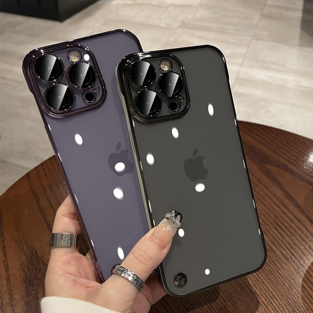 Безрамный гальванический противоударный чехол для телефона для iPhone 12 13 14 15 Pro Max 14 15 Plus 13 Pro, защита объектива, прозрачный корпус, твердый чехол без границ