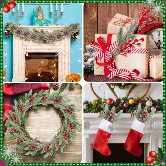 18 шт. Искусственная заснеженная ветка норфолкской сосны, веточки с красными ягодами, искусственный стебель кедра, рождественские ветки с ягодами падуба, DIY наполнитель для вазы, украшение для праздничной вечеринки