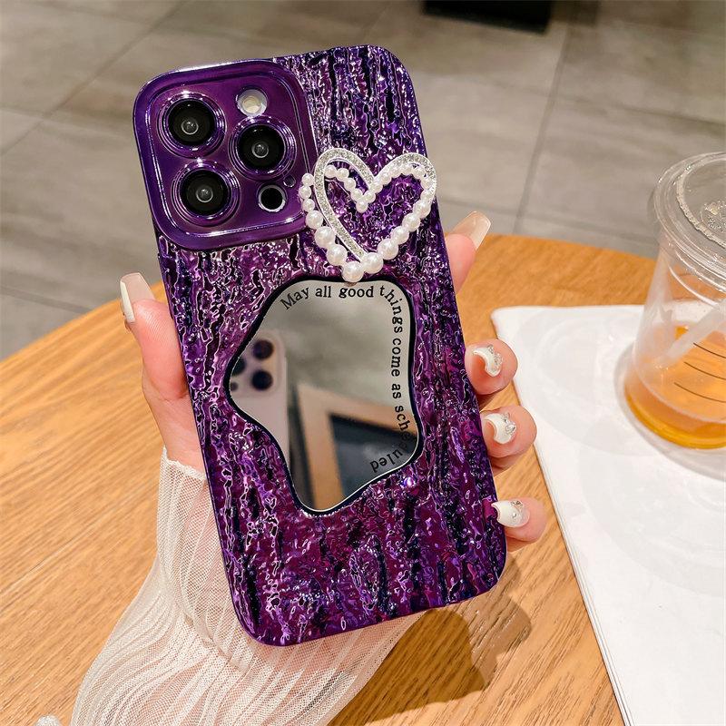 Роскошный чехол для макияжа с зеркальным принтом в виде камня и жемчужным сердечком для iPhone 15 Pro Max 14 13 12 Pro Max 11, универсальный защитный чехол от падения