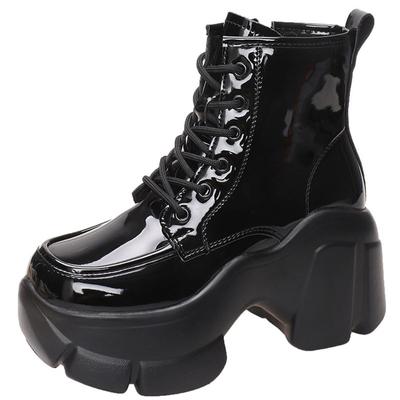 Модные женские высокие мотоциклетные ботинки на платформе, осенне-зимние, каблук 8 см, боевые ботинки до щиколотки, новые массивные кожаные кроссовки, черные ботинки