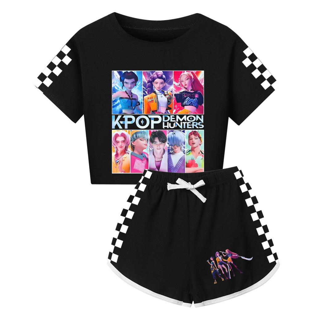 Семейный пижамный комплект с принтом Kpop Охотники на демонов: топ с коротким рукавом и шорты для детей и взрослых