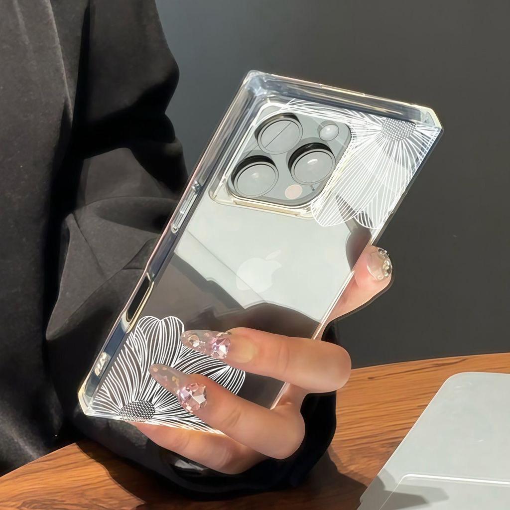 Square Back Tube Protection Clear Case For iPhone 16 ProMax 14 Pro Max 12 15 Plus 11 13 Anti-Oxygen,White Stripe Petals Pattern Casing