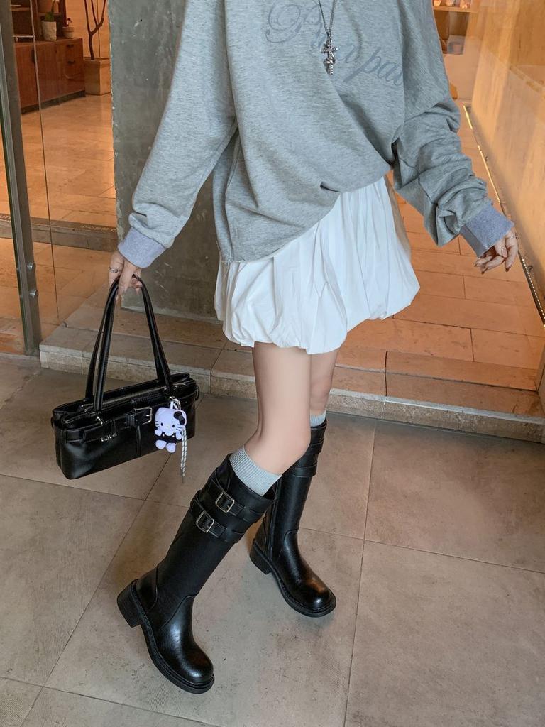 British Style Retro Belt Buckle Boots for Women's 2025 New Autumn and Winter But Knee Knight Boots Show a Thin and Advanced Sense