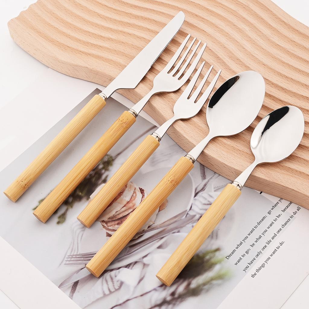 4/5pcs 304 Stainless Steel Cutlery Set Bamboo Handle Silverware Knife Spoon Cake Fork Dinnerware Set Western Kitchen Tableware