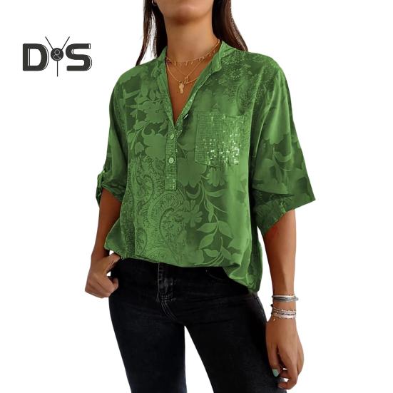 Женская летняя рубашка с v-образным вырезом и лацканами, пуловер с половиной рукавов, топы с принтом, пуговицы, половина планки, пайетки, накладной карман, свободная рубашка