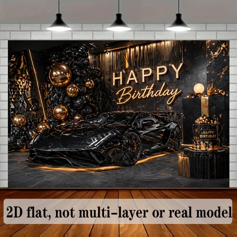 2D plane birthday party banner background black and gold super car theme featuring a bright black super carzyc
