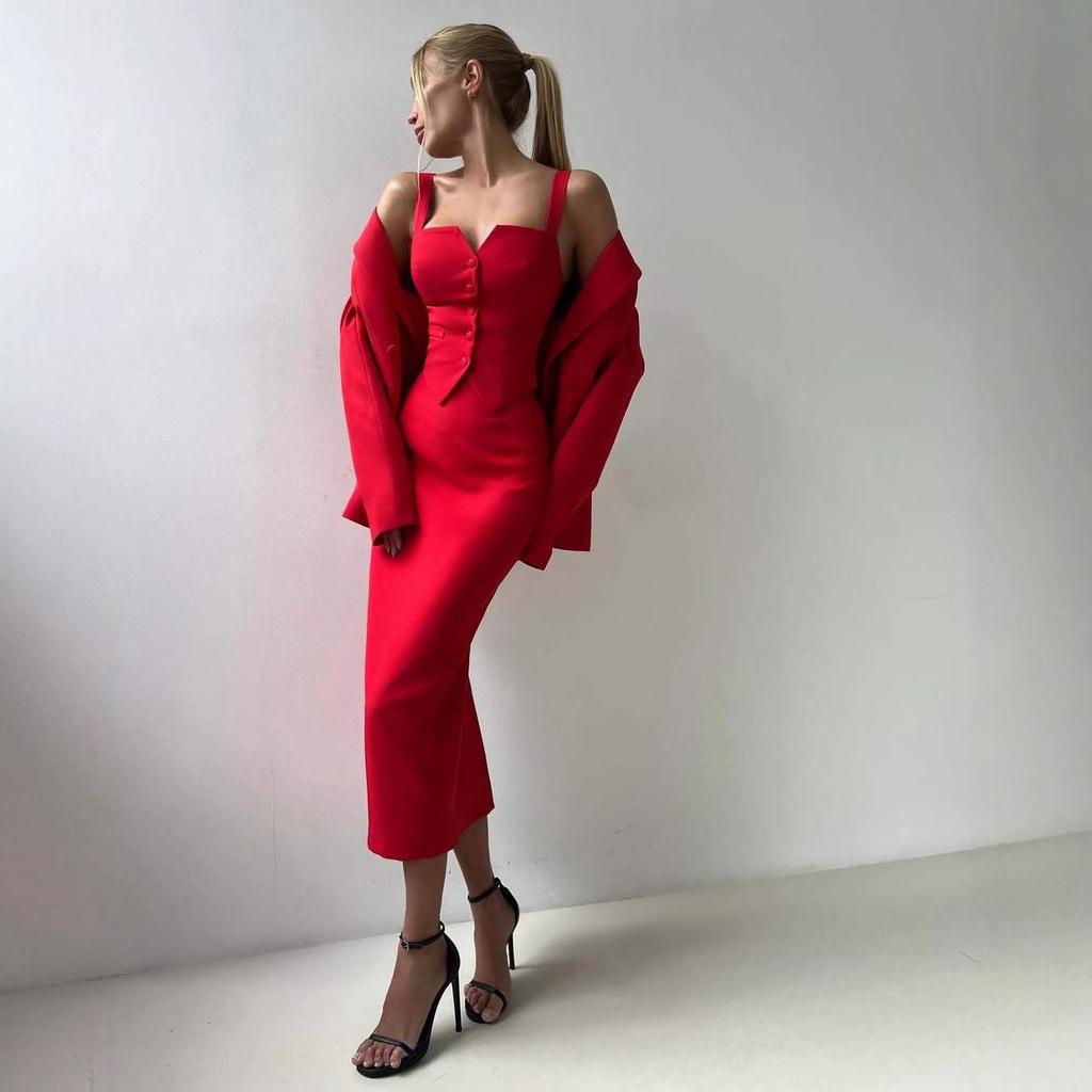 Осенний 2025 года Европейский и Американский Женский Однобортный Костюм-Двойка с Красным Лацканом