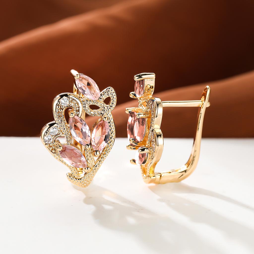 1 пара серег золотого цвета с радужным камнем и цветочным узором в виде листьев, красные, желтые, синие, зеленые, висячие полые серьги с камнями