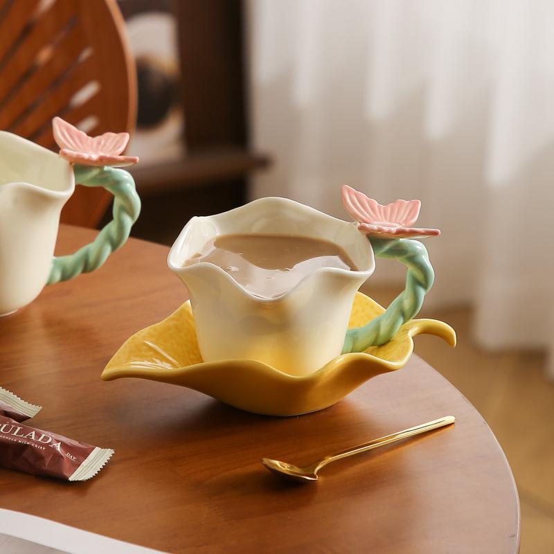 Elegant Butterfly Coffee Mug Set with Spoon Lovely Couple Ceramic Cup and Saucer Floral Design