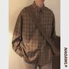 Men's Casual Japanese Vintage Plaid Shirt Jacket - Coffee Color, Long Sleeve for Spring & Autumn