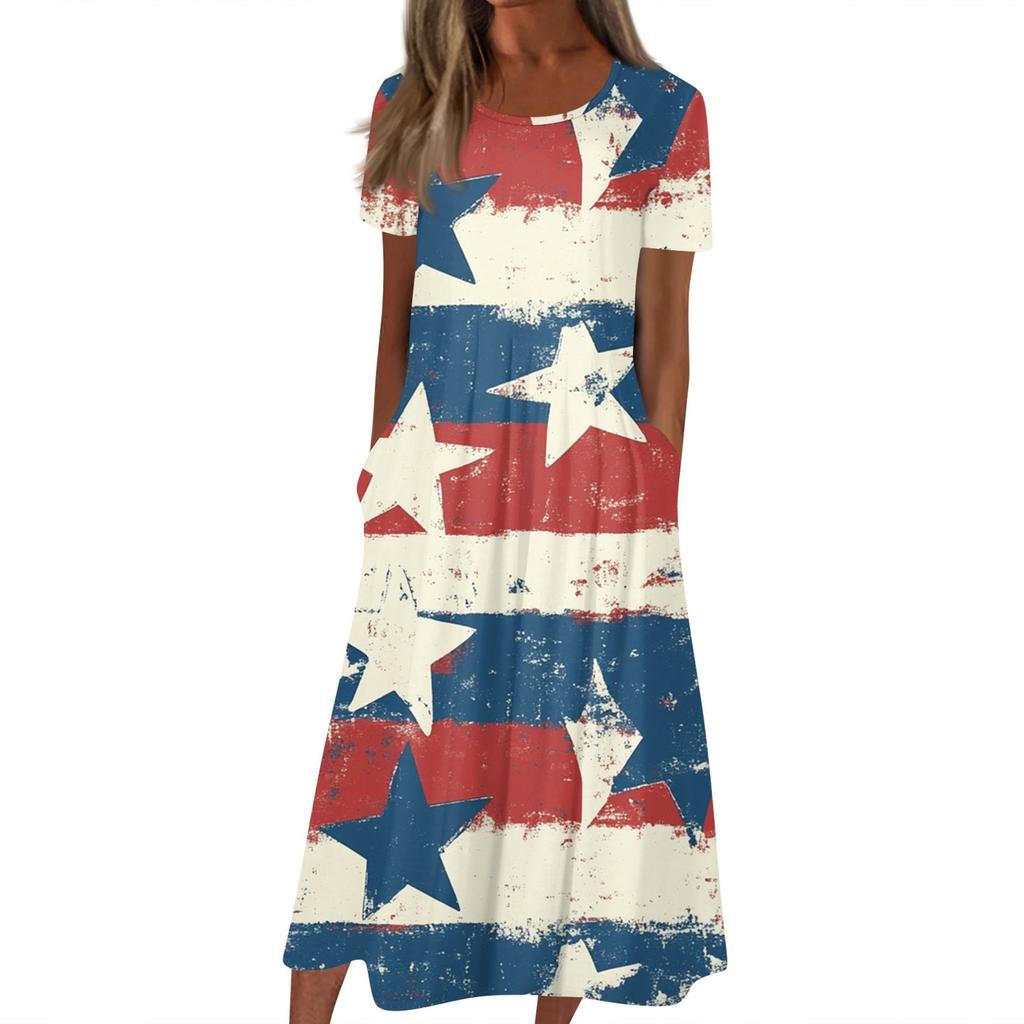 Женское летнее повседневное модное платье с коротким рукавом и карманом на День независимости с коротким рукавом
