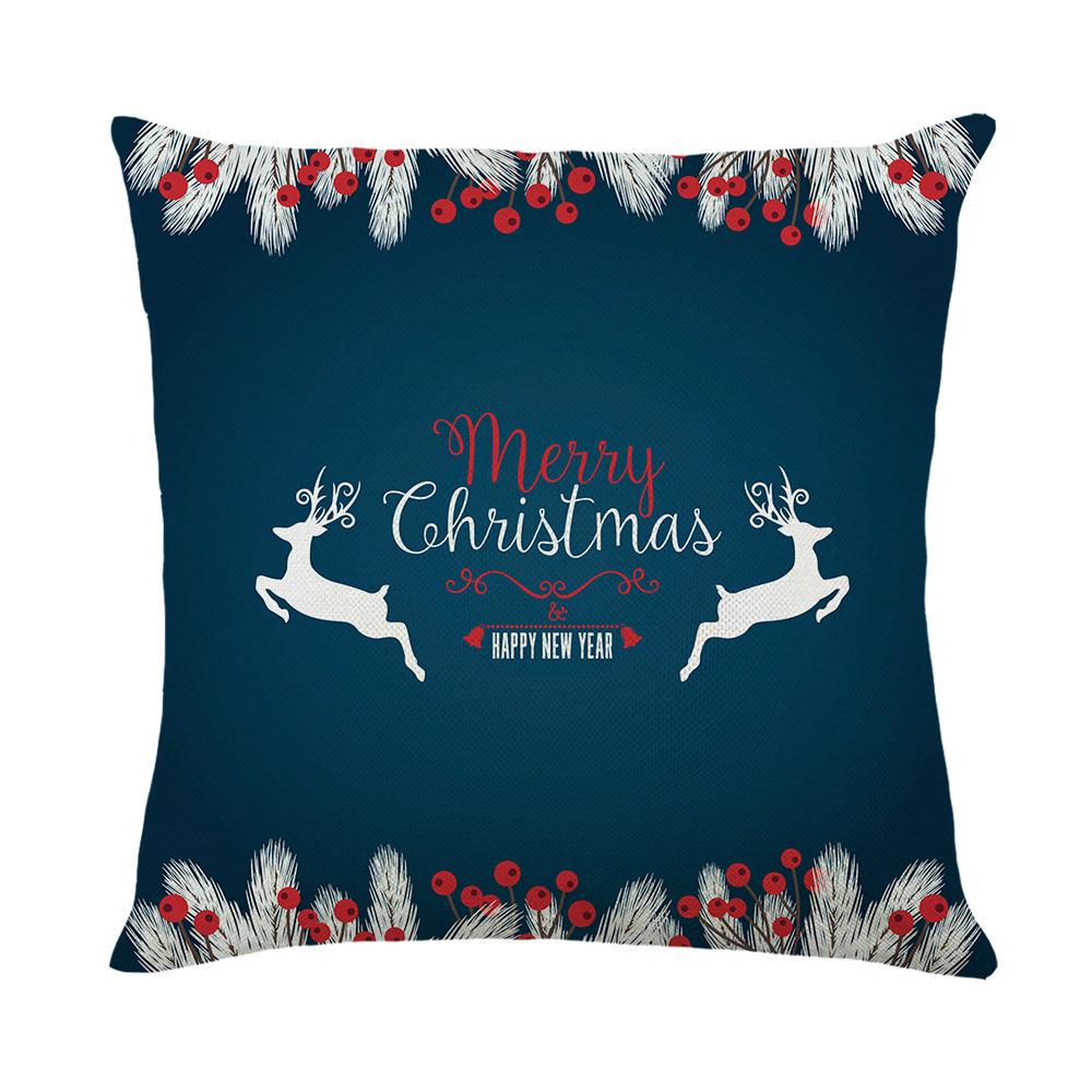 Blue Christmas Ornament Cushion Cover Printed Bear Snowflake Elk Santa Claus Tree Merry Christmas Lettering Linen Pillowcase