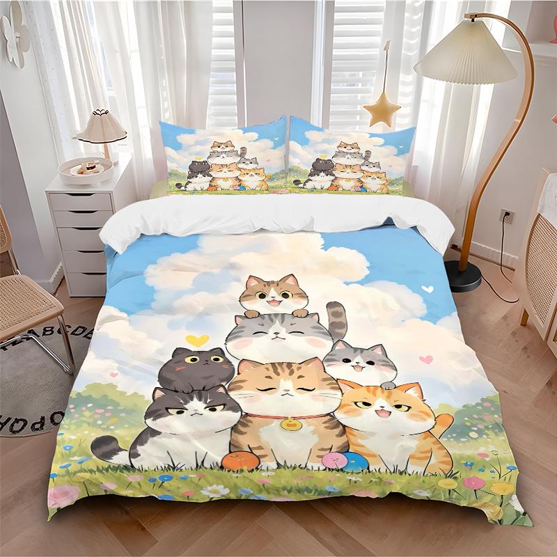 3pcs Seven Happy Cats Bedding Set, Including 1 Quilt Cover and 2 Pillow Shams, Without Filling, Soft and Comfortable Home Bedroom Fabric, Fa