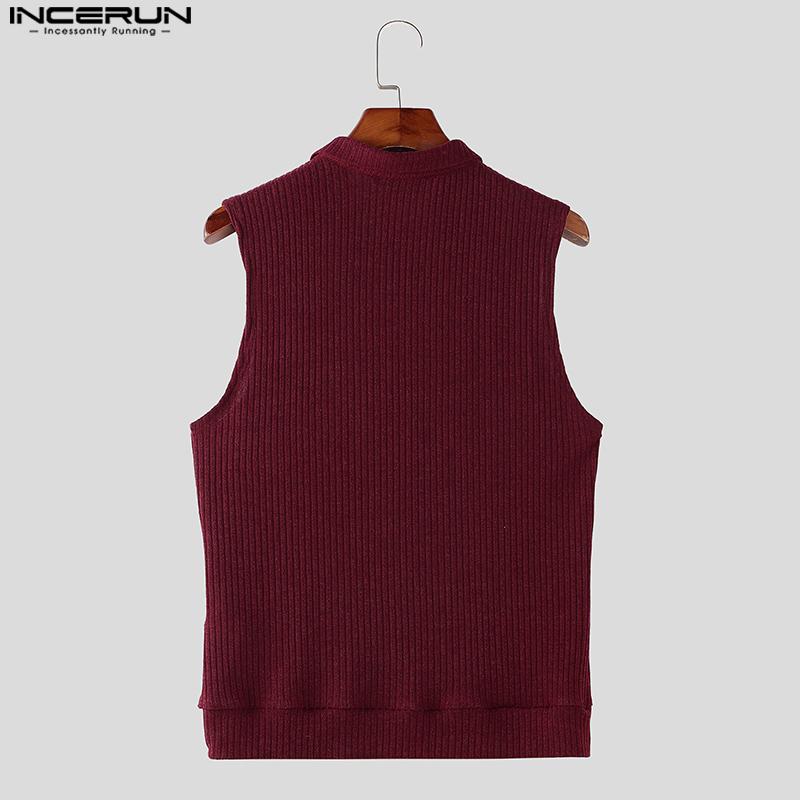 INCERUN Мужские летние топы с отворотом на молнии без рукавов в рубчик
