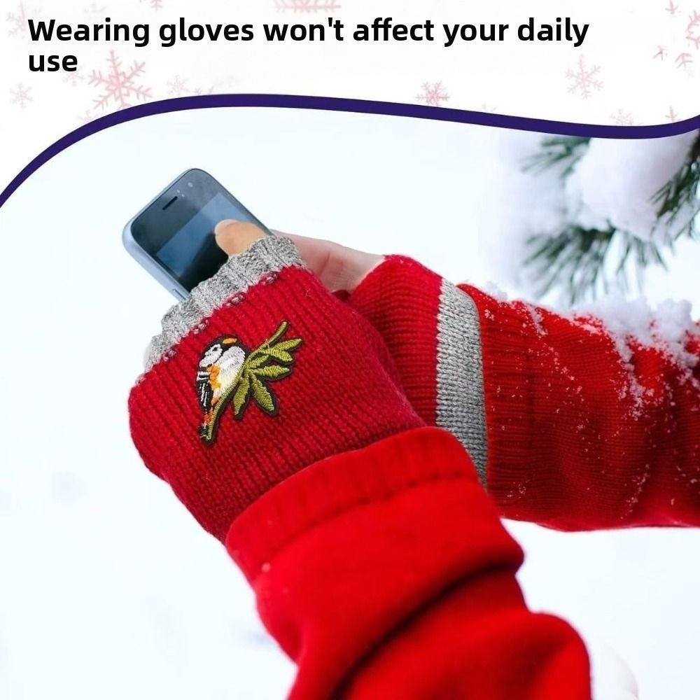 Теплые перчатки без пальцев с вышивкой птицы, модные вязаные митенки для мужчин и женщин