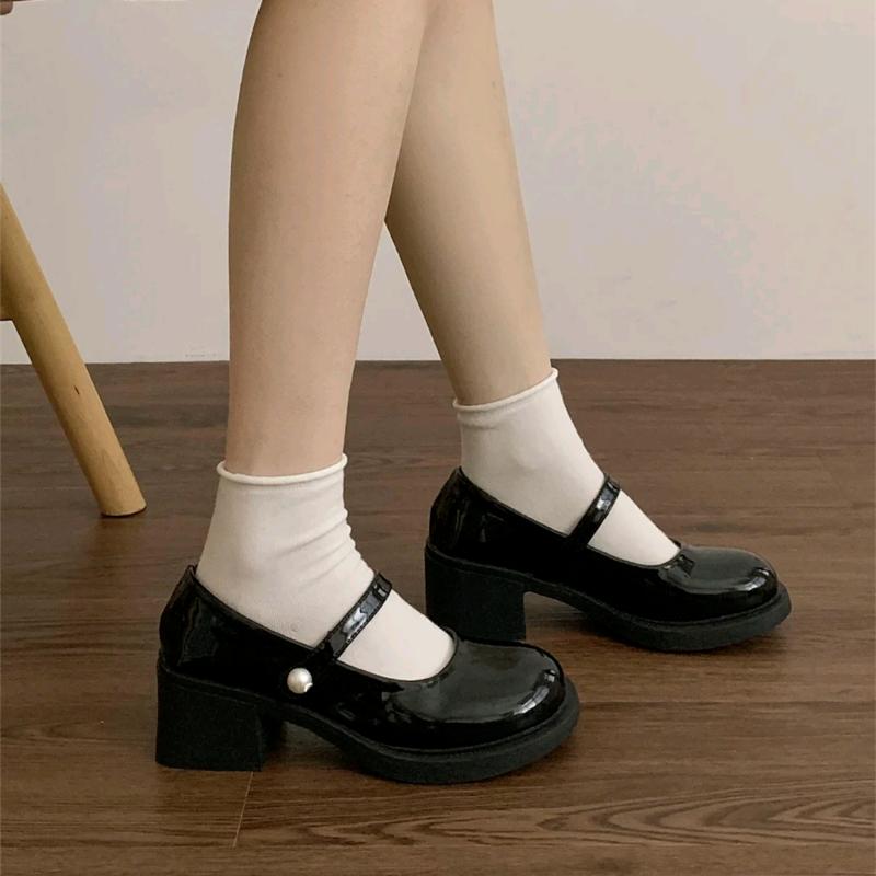 Французские винтажные туфли Мэри Джейн с жемчугом и круглым носком, толстые модные и универсальные кожаные туфли для работы, покупок, свиданий, банкетов