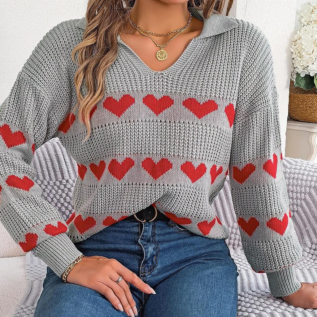 Autumn Winter Vintage Loose Long Sleeve Top Heart Print Cardigan Knitwear V-Neck Sweater