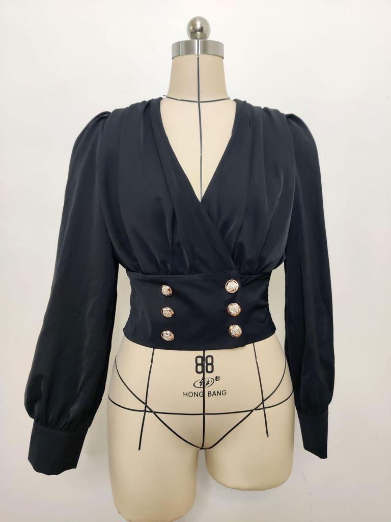 Женская сексуальная рубашка с V-образным вырезом, длинными рукавами-буфами, однотонная, короткая