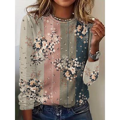 Женская рубашка с длинным рукавом с цветочным принтом и повседневным круглым вырезом, подходит для всех сезонов