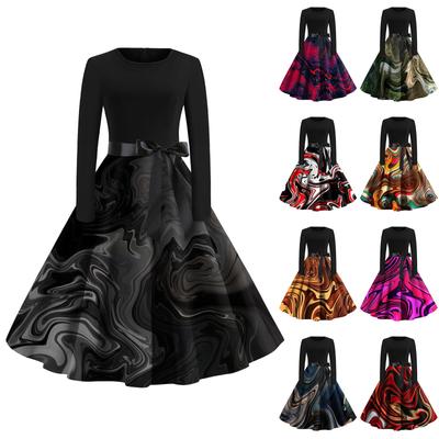 Женское расклешенное платье с принтом для женщин, платье с длинным рукавом, вечерние повседневные платья
