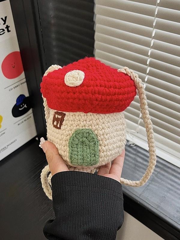 Cute Mushroom Mini Shoulder Bag With Knitted Wool For Children And Teens