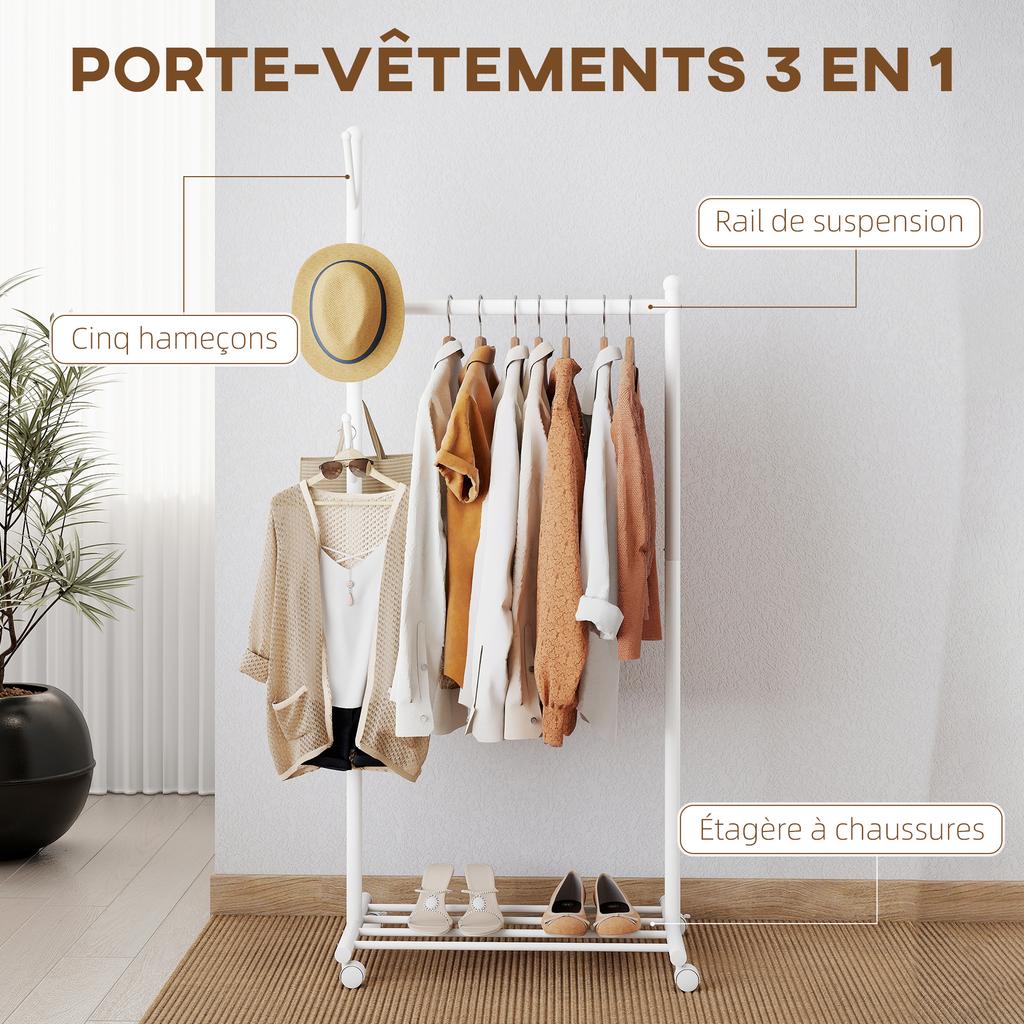 Coat Rack on Wheels with Shoe Shelf and 5 Hooks, 68x43x171cm, White