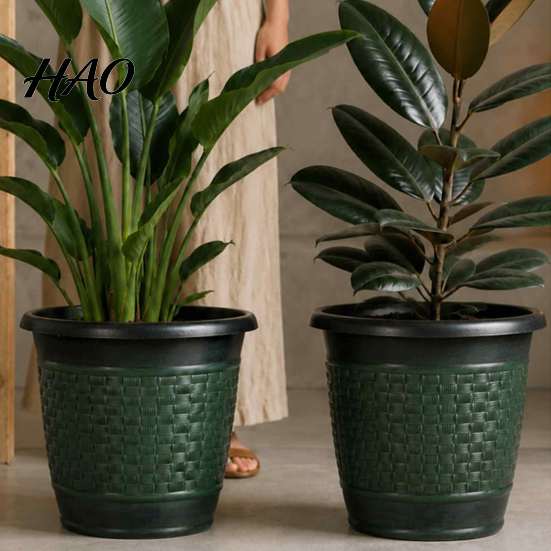 Resistant to Sun Exposure Pots 12" Planter Pot with Saucer, Thickened Plastic Anti-Aging Flower Drainage Decorative Woven Texture Planters Holes,