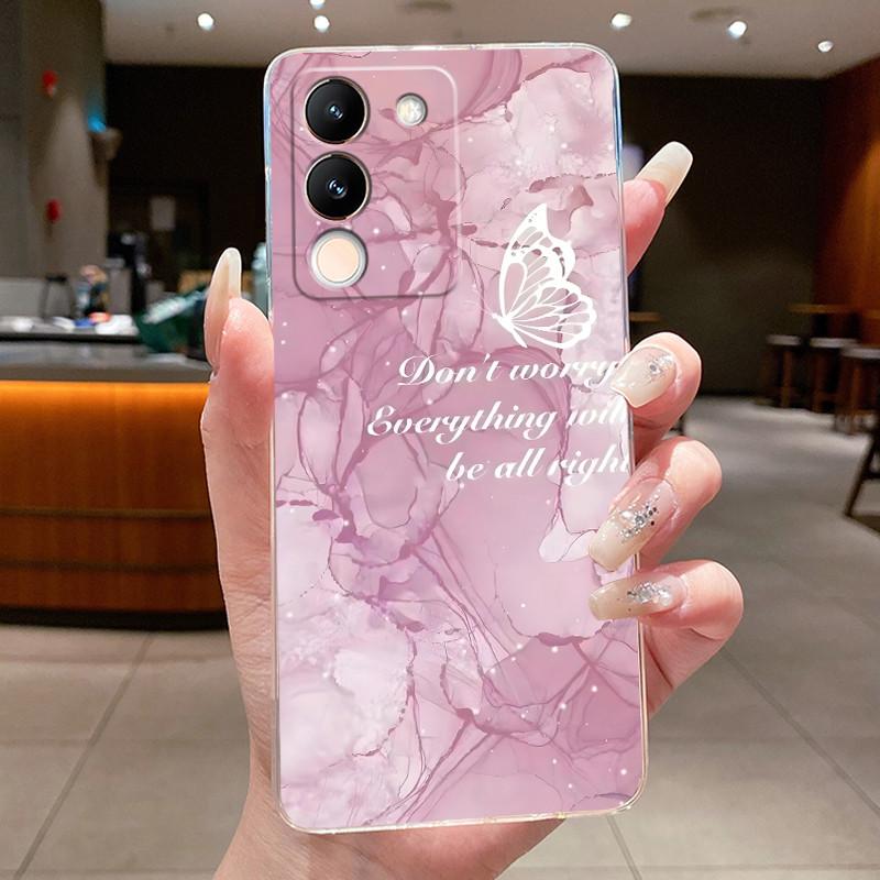 Phone Case For Vivo V29e V27e 5G Slim Soft TPU Cover Clear Silicone Aesthetic Luxury Fashion Butterfly Flowers New Design Case